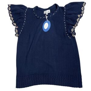 NWT Cartolina Nantucket Madeline Navy Flutter Sleeve Sweater Size Small